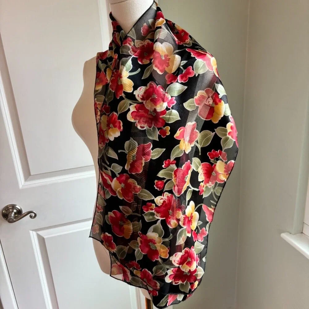 Floral Black Sheer Scarf 13x60 Lightweight Silky Striped Shawl Victorian Regency